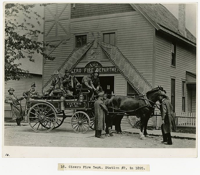 Cicero Fire Department Station #2 with horse drawn fire engine and firefighters, 1895