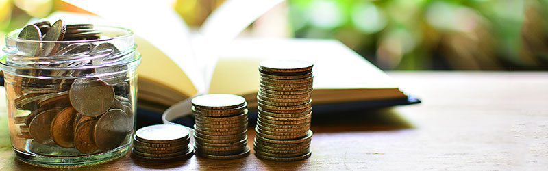 Money in jar with book