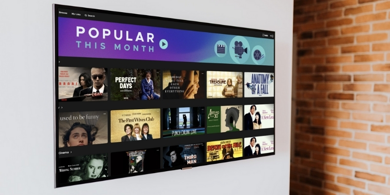 Popular this month on Kanopy collection displayed on a flat screen TV in someone's home