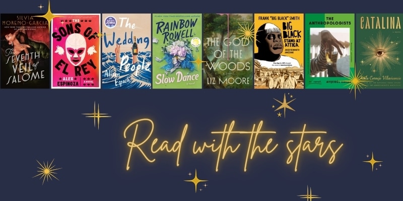 Text 'Read with the stars' on a background of sparkling stars with a book collage above