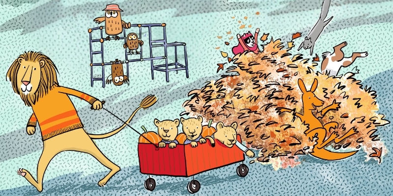 An illustration of a lion pulling two cubs in a wagon while more illustrated animals play in a park in the fall