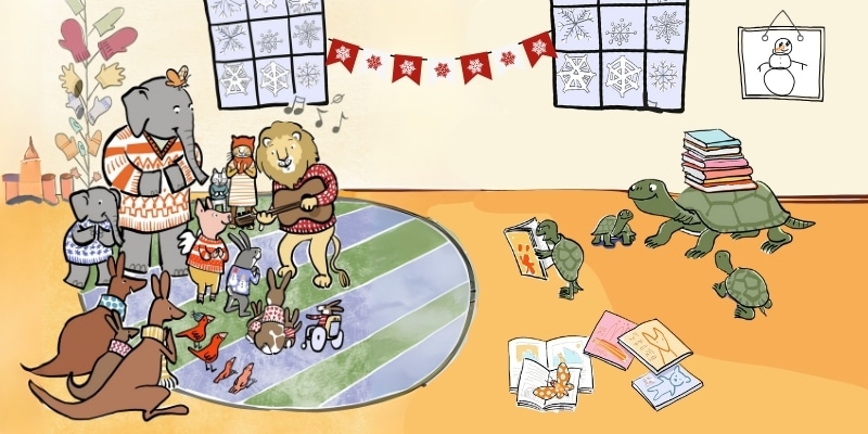 Illustrated animals listening to a live performance and reading books inside while snow can be seen through the windows