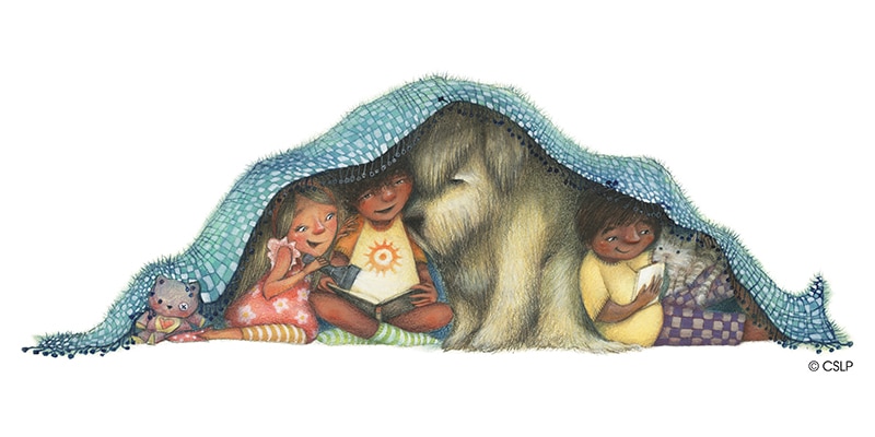 Kids and pets reading under a blanket