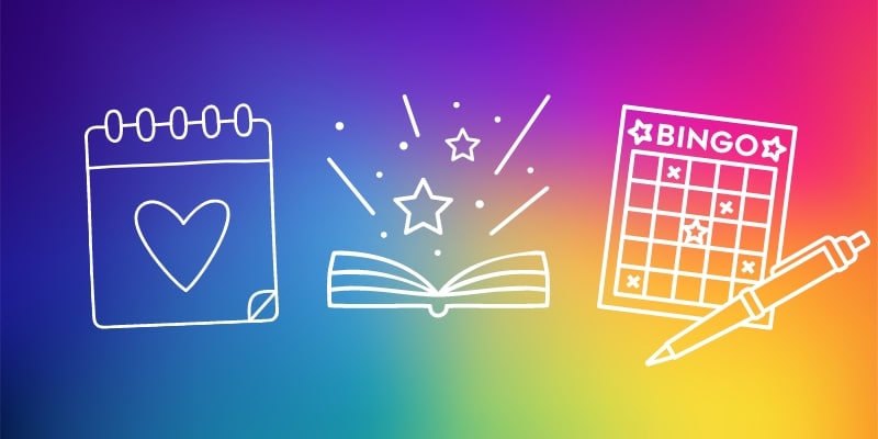 Line drawings of a calendar, a book, and a bingo card on a rainbow background