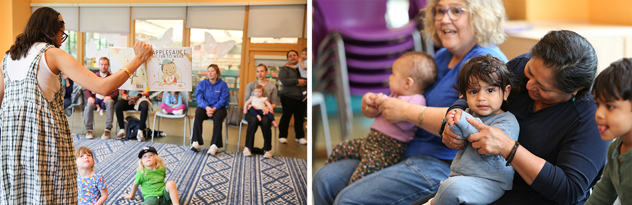 A librarian leading a storytime as babies, toddlers, and caregivers clap and sing along