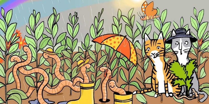 An illustration of worms working in a garden with two cats looking on and a rainbow in the background