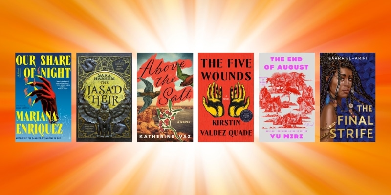 Collage of book covers with a bright orange sunny background