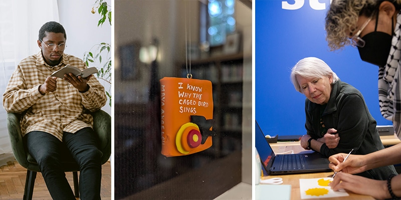 A collage of photos: A person reading, a tiny clay version of the book I Know Why the Caged Bird Sings, and a person getting help from library staff in the Creative Studio