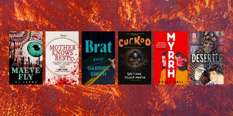 Collage of book covers set on a background of molten lava