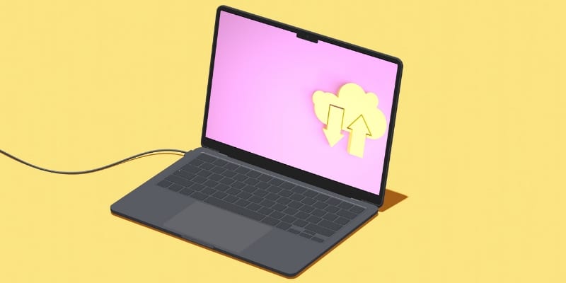 Graphic displayed on a laptop screen faturing a cloud with one up arrow and one down arrow