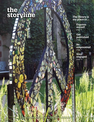 Storyline magazine cover showing a large mosaic peace sign artwork outdoors