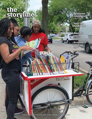 Cover of The Storyline magazine showing people looking at books around a book cargo bike