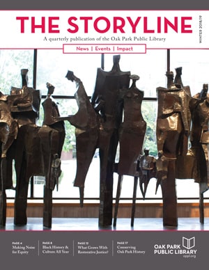 Cover of The Storyline magazine showing sculpture in library vestibule