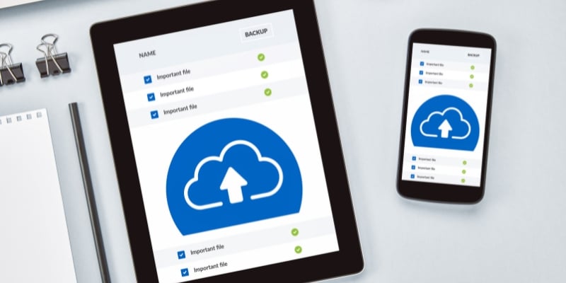 Smartphone and tablet both displaying a list of files to upload to cloud storage