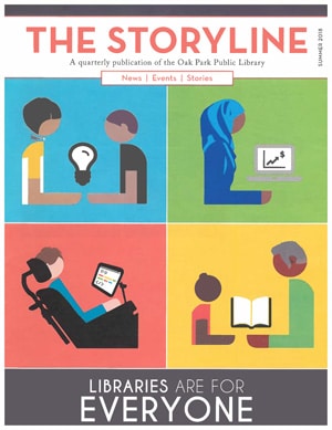 Cover of The Storyline magazine with foursquare grid of cartoon people and text "Libraries are for everyone"