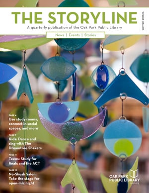 The Storyline magazine cover showing a hanging mobile sculpture made out of geometric colored glass shapes