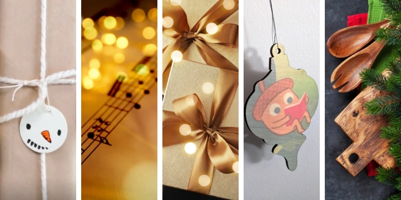 Collage of holiday photos: a snowman gift tag, a sheet of music with lights, wrapped presents, an ornament, and baking utensils with evergreen boughs