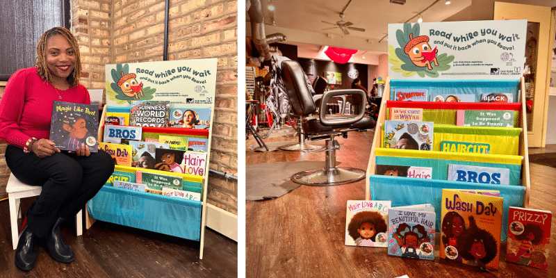 Person next to small bookshelf with kids books, and bookshelf in hair salon