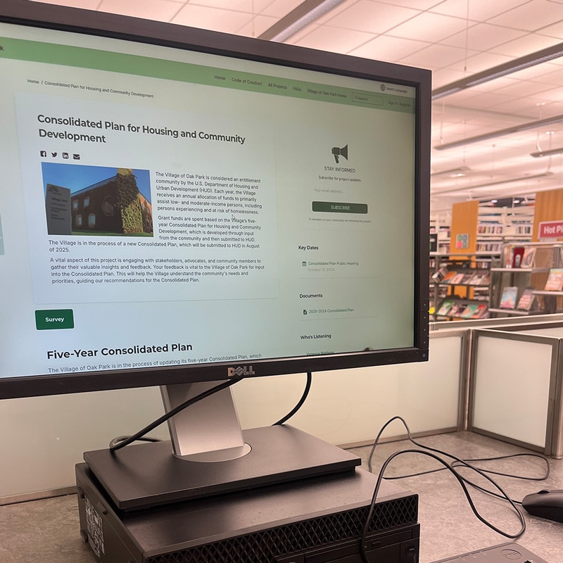 Computer screen in library showing a Village of Oak Park webpage