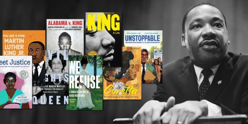 Martin Luther King Jr. leaning on a podium at a press conference, alongside a collage of book covers